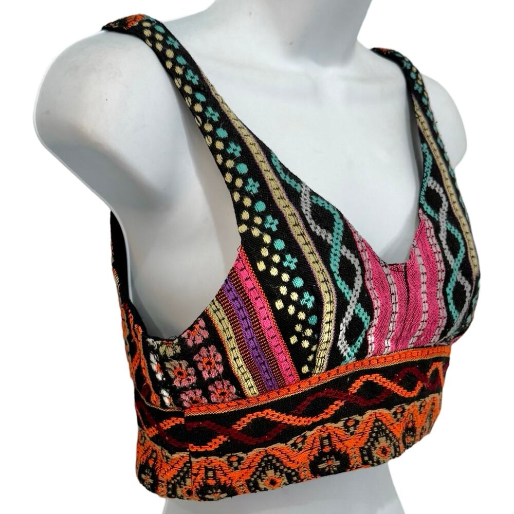 Tribal Festival Black Orange Pink Embroidered Cotton Tank Crop Bra Top size S - Picture 7 of 8